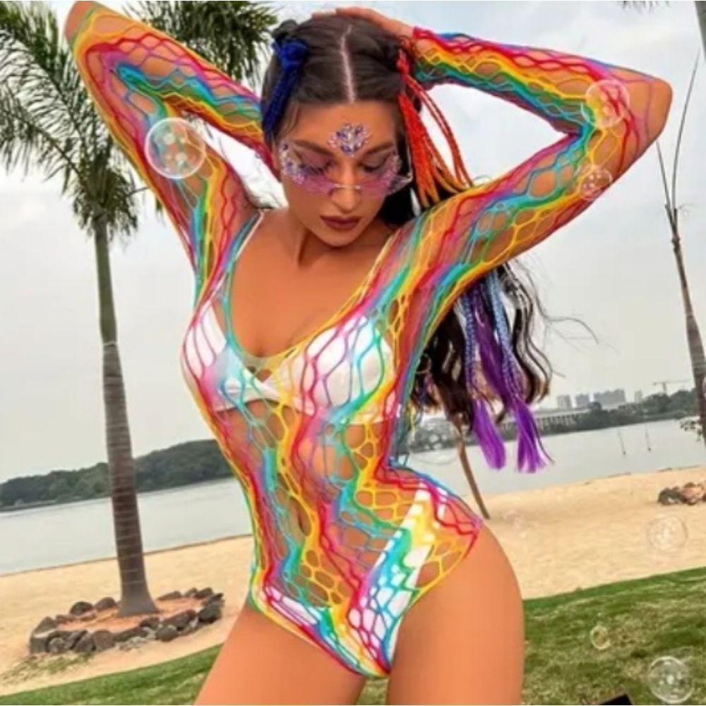 Ladies Vibrant Rainbow Mesh Net Bodysuit